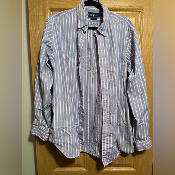Ralph Lauren Classic Fit Purple Green Pink Stripe Button Down Size 16.5 - Picture 2 of 11